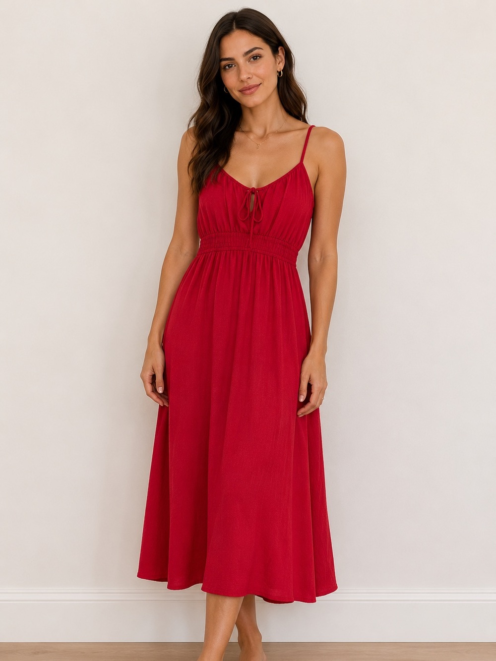 H&M Red Spaghetti-Strap Midi Dress